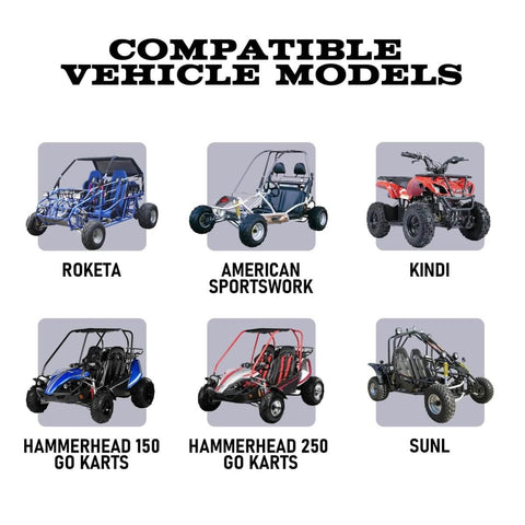 Image showing compatible vehicle models for All Terrain Hydraulic Brake Master Cylinder For 90cc 110cc 125cc 150cc 200cc 250cc Go Karts Buggies And ATVs That Fits Roketa Kazuma Kinroad Kandi Sunl BMS And More.