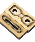 Two Piece Leather Cutting Dies Set With Pro Grade Versatility For DIY Leather Crafts, shown with wood base and metal cutter molds