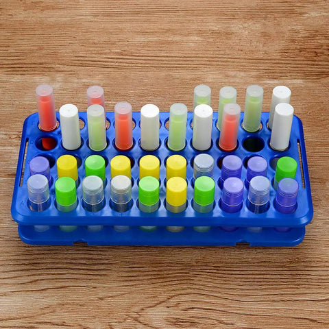 Top Notch Detachable Plastic Test Tube Holder Rack For 5ml 10ml 15ml Tubes 50 Hole Blue Lab Gear Organizer Corrosion Resistant HIPS Material Easy Assembly For Chemistry And Biology Labs holding colorful tubes