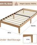 Built Different Twin Xl Wood Bed Frame With Solid Rubberwood Platform Base showcasing dimensions and under-bed storage feature.