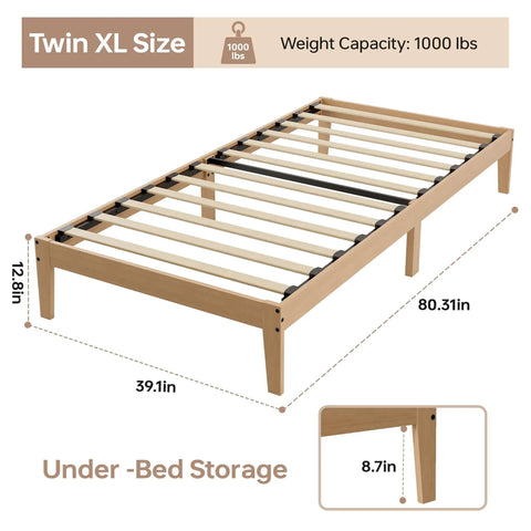 Built Different Twin Xl Wood Bed Frame With Solid Rubberwood Platform Base showcasing dimensions and under-bed storage feature.