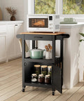 Slick Rolling Kitchen Cart With Microwave Stand And Storage Cabinet And Drawer, Compact Coffee Cart With Side Hooks And Towel Rod, Smooth Lockable Swivel Wheels, Built Tough, Black Finish.
