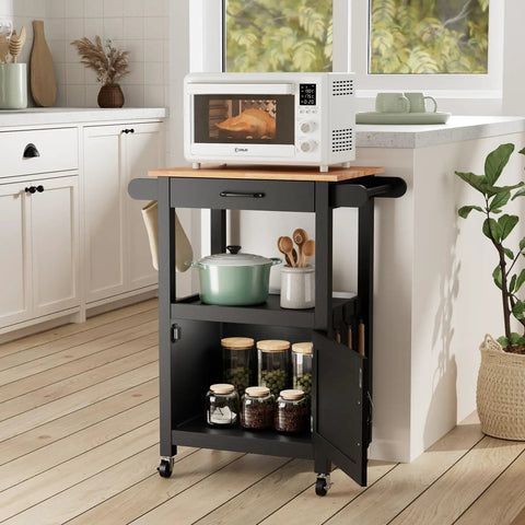 Slick Rolling Kitchen Cart With Microwave Stand And Storage Cabinet And Drawer, Compact Coffee Cart With Side Hooks And Towel Rod, Smooth Lockable Swivel Wheels, Built Tough, Black Finish.