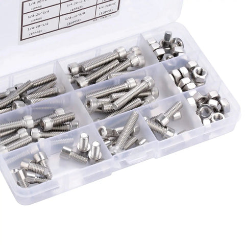 Top Notch 90 Piece Stainless Steel Hex Cap Screw Assortment Kit With Matching Nuts Includes 1/4 20 UNC Size Plus Rust Proof 304 Build For Heavy Duty Home Auto And Outdoor Repair Projects Guaranteed To Perform, organizer box