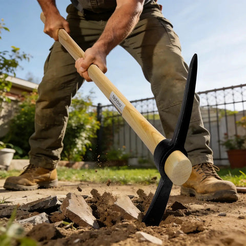 Man using Beefy Heavy Duty Pickaxe With Wood Handle For Digging And Chiseling Forged High Carbon Steel Head 36 Inch Length in yard