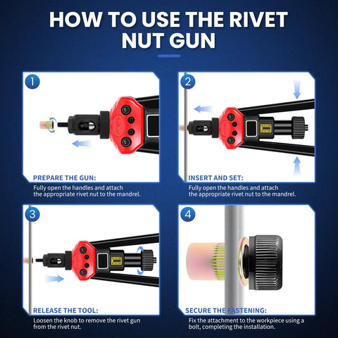 How to use diagram for 16 Inch Pro Rivet Nut Kit With Quick Change Mandrels, Heavy Duty Rivnut Nutsert Tool