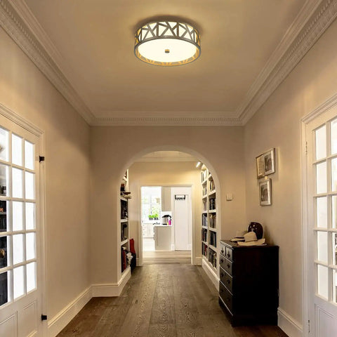 Close To Ceiling LED Flush Mount Light Fixture in modern brushed nickel with metal frame and acrylic shade in hallway setting