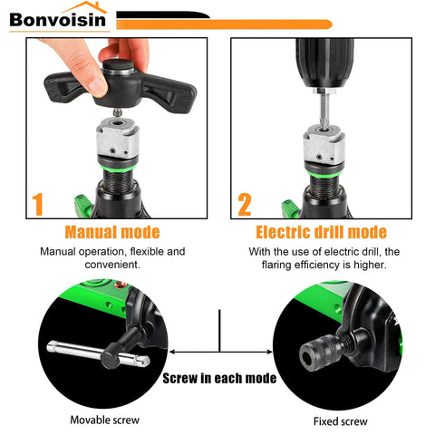 Ratchet Flaring Tool 1/4 to 3/4 Inch Copper Flare Kit with Manual and Drill Modes shown with detailed close-up.