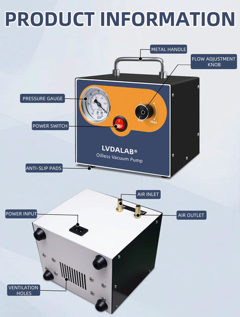 LVDALAB oil-free diaphragm vacuum pump, front view showing gauge, flow knob, metal handle, and two silicone hoses.