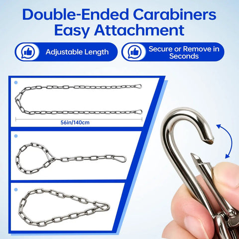 Heavy Duty Two Pack Stainless Steel Gate Chain Lock Built Tough As Nails With Rust Resistant Carabiners for easy attachment.