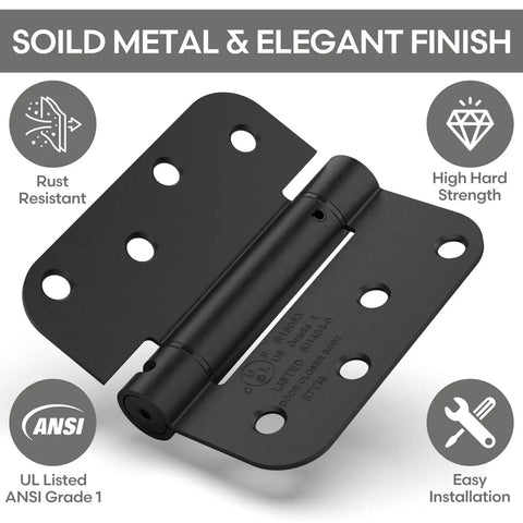 Self Closing 4 Inch Spring Loaded Door Hinge With Adjustable Tension Five Eighths Radius Corners Fits Front Or Back Doors Left Or Right Hand UL Listed Gloss Black