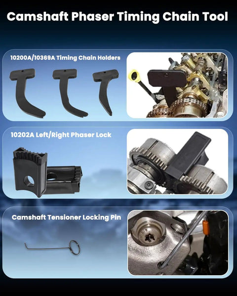 Camshaft Phaser Timing Chain Tool Kit for 3.6L Pentastar V6 Engines with phaser locks and tensioner pin