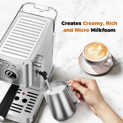 No Hassle One Touch Espresso Maker For Latte Americano Iced Coffee Silver Chassis with milk frothing pitcher and latte.