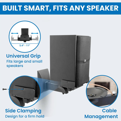 Universal Side Clamping Speaker Wall Mounts Pair For Large Or Small Bookshelf Speakers With Full Motion Adjustability