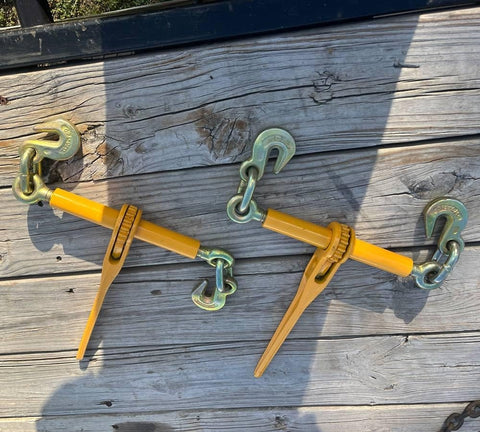 Two yellow powder-coated grab hook binders for 3/8 to 1/2 inch chains, part of 4 Pack Heavy Duty Ratchet Lever Load Binders with 12,000 lb WLL