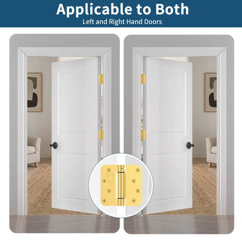 Real Deal Brushed Gold Self Closing Door Hinges Built Tough Spring Loaded Quiet Swing 4 Inch Hardware on white doors
