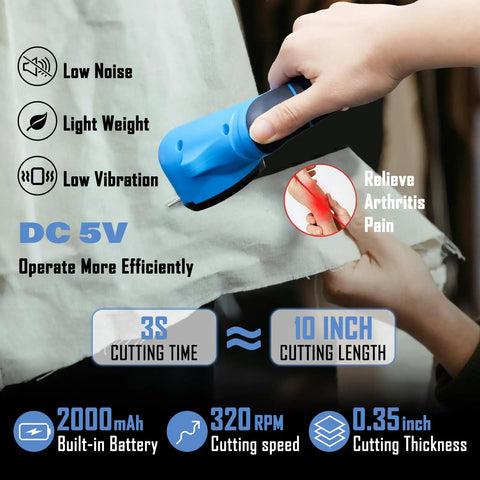 Kickass Cordless Electric Scissors With Glow Led Light Rechargeable Rotary Box Cutter For Thick Cardboard Fabric Fast Snip Zero Hassle Operation Solid Pick For Moving Supplies Craft Room Fix Ups Or Garage Projects That Take Shape Quick, being used to cut fabric.