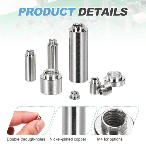 Get Your Setup Locked In With These 20 Pack M4 Copper Nuts Nickel Plated PCB Standoffs showcasing various sizes and double holes.