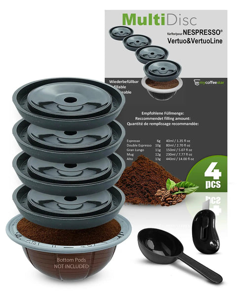 Stack of reusable coffee capsule lids and scoop for Nespresso VertuoLine, 4-pack, budget friendly no-fuss easy to use reusable coffee pods lids