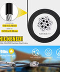Sun Shade Sail Hardware Kit With 12 Foot Vinyl Coated 304 Stainless Steel Wire Rope showing thickness and breaking strength.