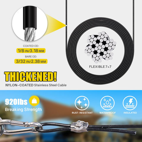 Sun Shade Sail Hardware Kit With 12 Foot Vinyl Coated 304 Stainless Steel Wire Rope showing thickness and breaking strength.