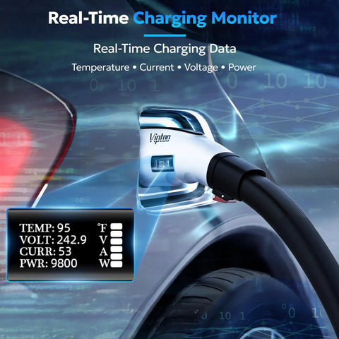 Tesla to J1772 EV Charging Adapter, 60A 250V AC With Digital Display showing real-time charging data on electric vehicle