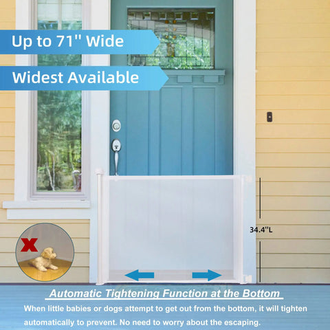 Retractable Baby Gate For Extra Wide Openings, 34 Inch Tall, Extends Up To 71 Inches in doorway with automatic tightening