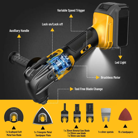 Illustration of a Cordless Oscillating Multi Tool 20V Brushless Power Tool For Wood Metal And Drywall Cutting 6 Speed Levels Up To 21000 OPM Tool Only Quick Blade Change with components and features labeled.