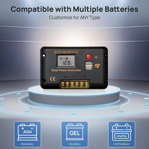 30A Solar Charge Controller With Bluetooth And Dual USB Ports For 12V And 24V Systems displayed on a pedestal