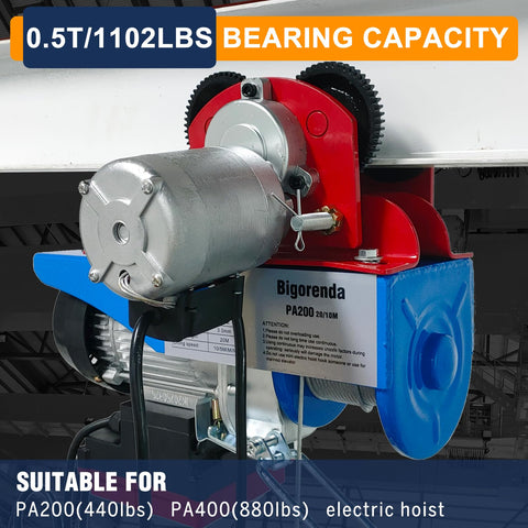 Electric Trolley With 1100 Lb Load Capacity for PA200 PA400 PA500 Hoists on I-Beam in Warehouse. Adjustable Beam Flange Width 2.68 to 4.33 Inches.