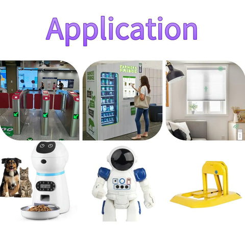 Automation devices collage showing turnstile gates, vending machine, window shade; pet feeder, robot, yellow tool.
