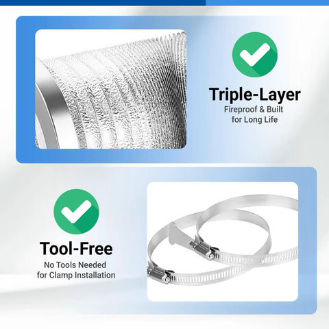 Magnetic Dryer Vent Kit With 2.6 Foot Aluminum Duct And Clamps showing triple-layer duct and tool-free clamp installation
