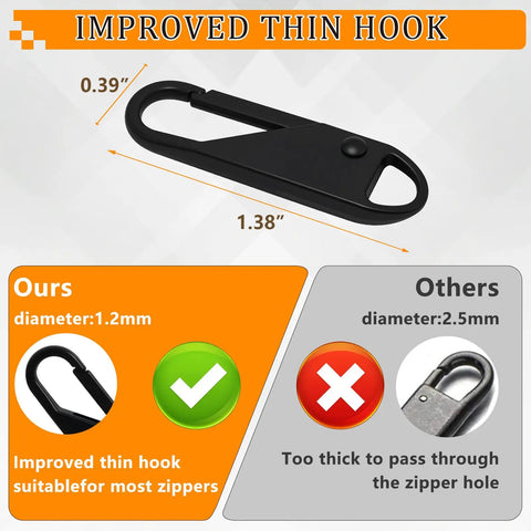 Luggage Zipper Pull Replacement Set For Travelers, Alloy Metal Tabs, 6 Pack, 1.4x0.4x0.17 Inches, Improved thin hook comparison