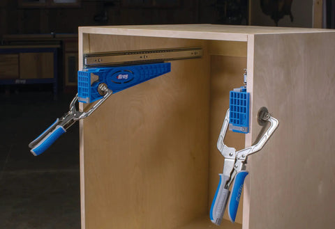 Drawer Slide Jig And Concealed Hinge Jig Kit For Cabinets And Desks installed in wooden cabinet carcass, no fuss install of cabinet slides.