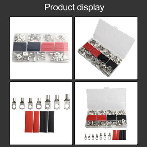 Premium 140 Pc For SC Cable Lug Set With Shrink Tubing Heavy Duty Terminal Kit Perfect for Battery And Solar Jobs That Will Not Let You Down. clear plastic case with assorted metal cable lugs and red black shrink tubing