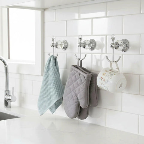 Heavy Duty Polished Chrome Crystal Wall Hook Top Shelf Bathroom Robe Hanger Straight Up Classy Silver Coat Rack Waterproof Design Works Wonders In Any Home Space with towels and oven mitts.
