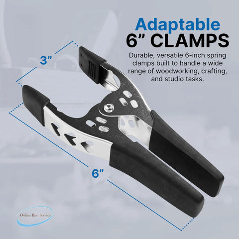Heavy Duty 6 Inch Spring Clamps 4 Pack, Large 3 Inch Jaw Opening, close-up of black metal clip for woodworking and carpentry