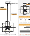 Diagram showing Compact Geometric Black Sputnik Pendant Light, 8-Light Industrial Chandelier dimensions and ceiling types.