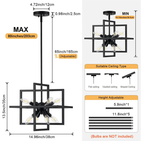 Diagram showing Compact Geometric Black Sputnik Pendant Light, 8-Light Industrial Chandelier dimensions and ceiling types.