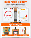 Dual-mode display and triple-alert system on PT-990 Rechargeable Gas Leak Detector With 11 Inch Probe Detects 0 To 10,000 Ppm