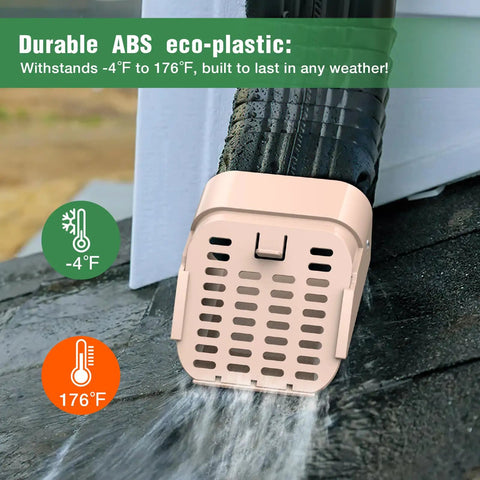 Two Pack Type A Downspout Extenders For 3x4 Inch Gutters With Leaf Guard installed on a white gutter, ABS eco-plastic material