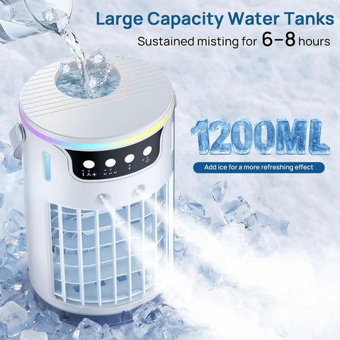 Evaporative Mini AC Fan With Ice Mist Cooler, Quiet Personal Air Conditioner For Bedroom, featuring 1200ml water tank