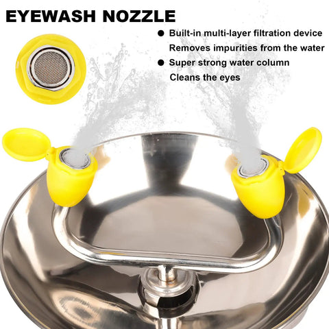 Two Pack Wall Mounted Emergency Eye Wash Station For First Aid With Dual Nozzles Filtered Water Flow Easy Eye Irrigation Sign Workplace Safety Must Have, showing stainless steel double nozzle spraying water with yellow protective covers.