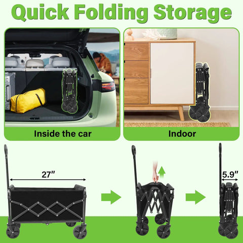 Foldable Wagon Cart With Wheels For Outdoor Adventures, Collapsible And Portable Utility Wagon, showing folding process and storage inside car and home.
