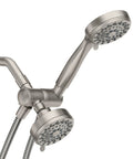 Brushed Nickel Five-Function Shower Head With Handheld Showerhead, dual 3.75 inch heads and 60 inch hose, wall-mounted view