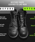 Permanent Black Leather Dye For Shoes And Boots 2.5 Ounce Restores Scuffs And Fading On Leather And Suede For Furniture Car Seats Jackets Upholstery And More before and after application on boots, showing transformation to deep black color.