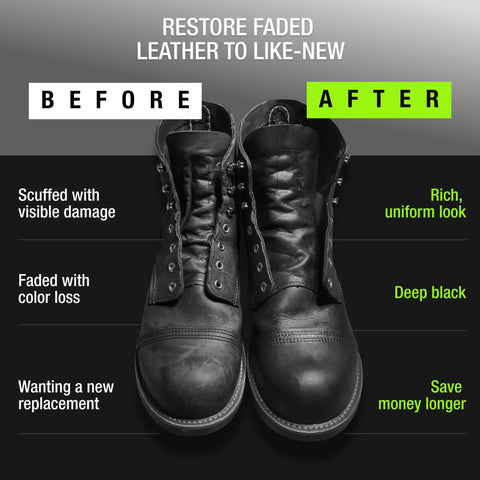 Permanent Black Leather Dye For Shoes And Boots 2.5 Ounce Restores Scuffs And Fading On Leather And Suede For Furniture Car Seats Jackets Upholstery And More before and after application on boots, showing transformation to deep black color.