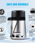 Heavy Duty Stainless Steel Water Distiller For Home Countertop showing safe cooling system, overheating protection, and flame-retardant socket.