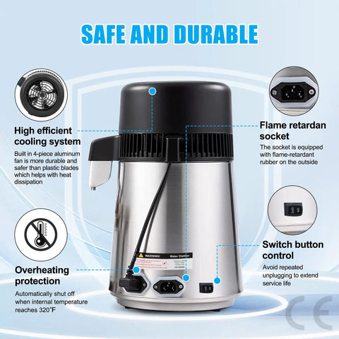 Heavy Duty Stainless Steel Water Distiller For Home Countertop showing safe cooling system, overheating protection, and flame-retardant socket.