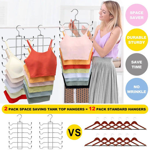 Metal Tank Top Hangers 2 Pack Swivel Closet Organizer Vertical Bra Camisole Rack With Smart Wardrobe Space Saving Design, displaying multiple tank tops.